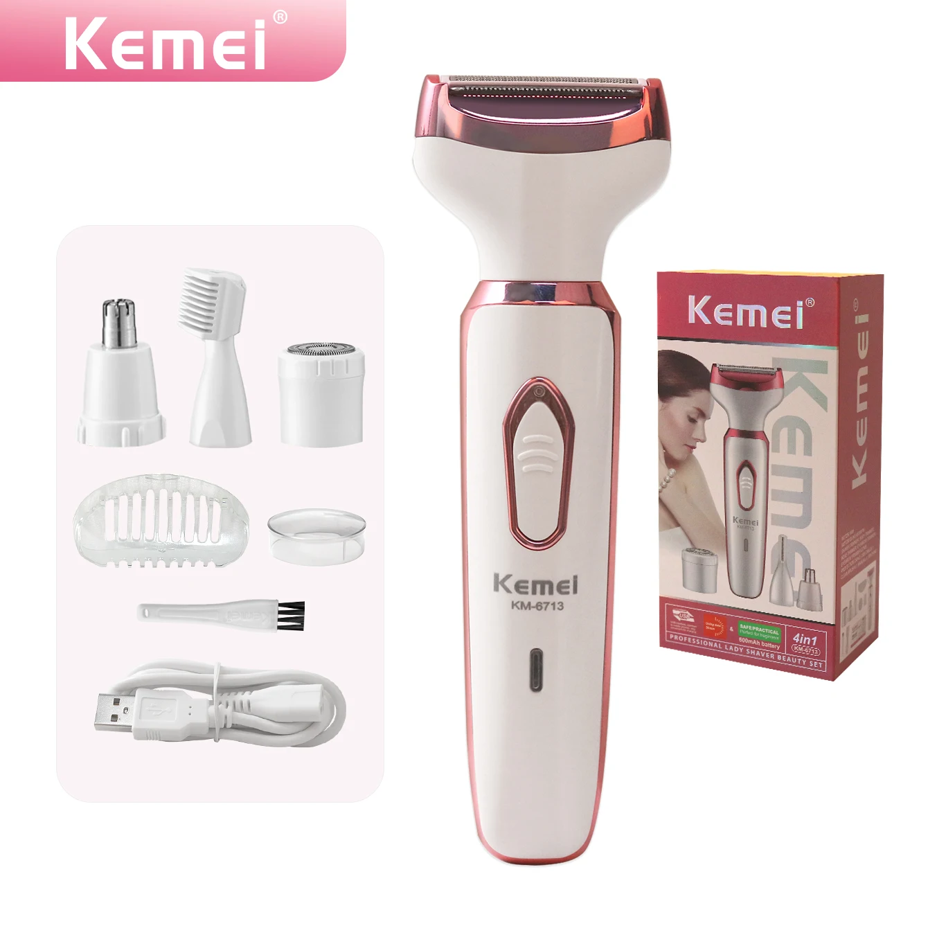 

Kemei KM-6713 Женские электрические бритвы 4 в 1, триммер для бикини, бритвы для лица, удаление волос для подмышек, ног, женский триммер для тела
