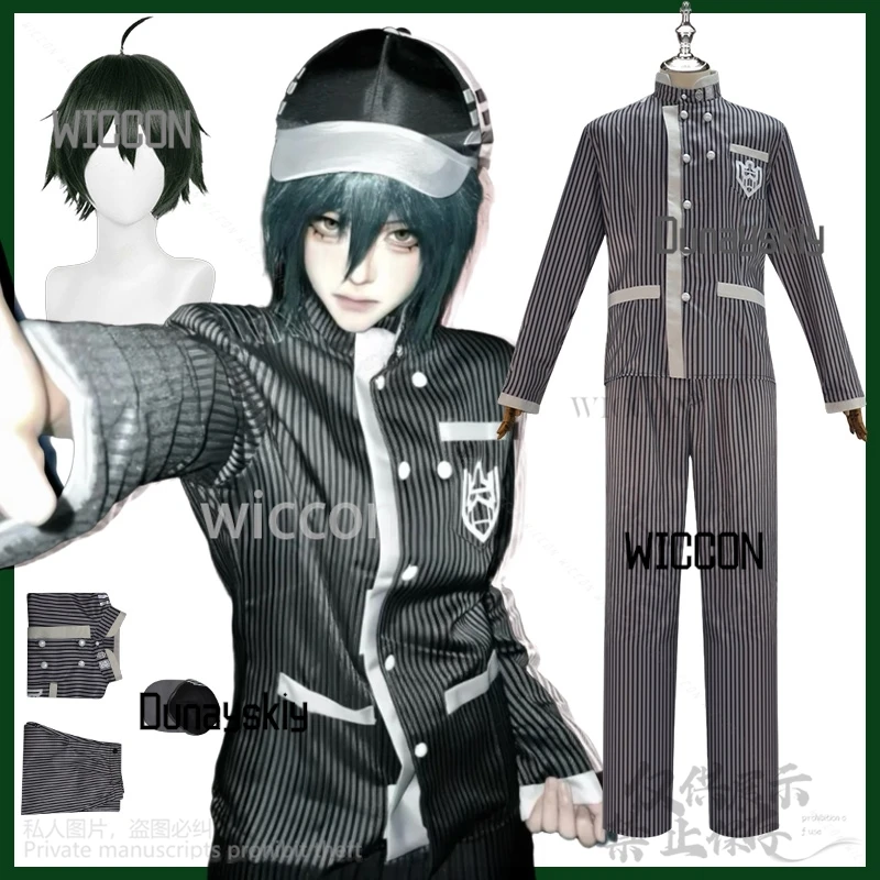

Saihara Shuichi Cosplay Anime Game Danganronaaa Costume Detective Stripe Uniform Hat Dark Green Wigs Halloween Party Customized