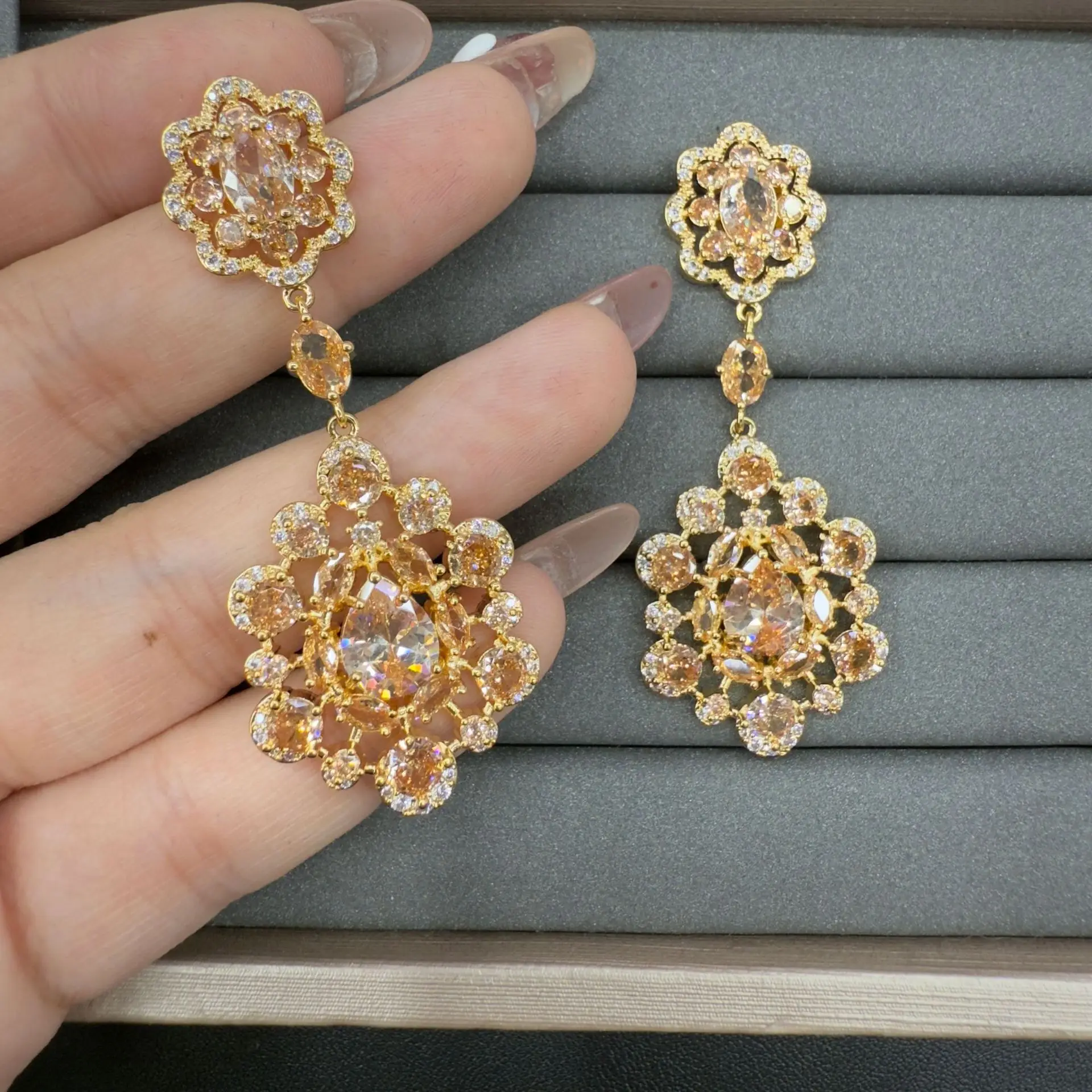 

zirconia earrings for women luxury jewelry yellow Champagne flower floral plant dangling earrings dinner party wedding jewelry