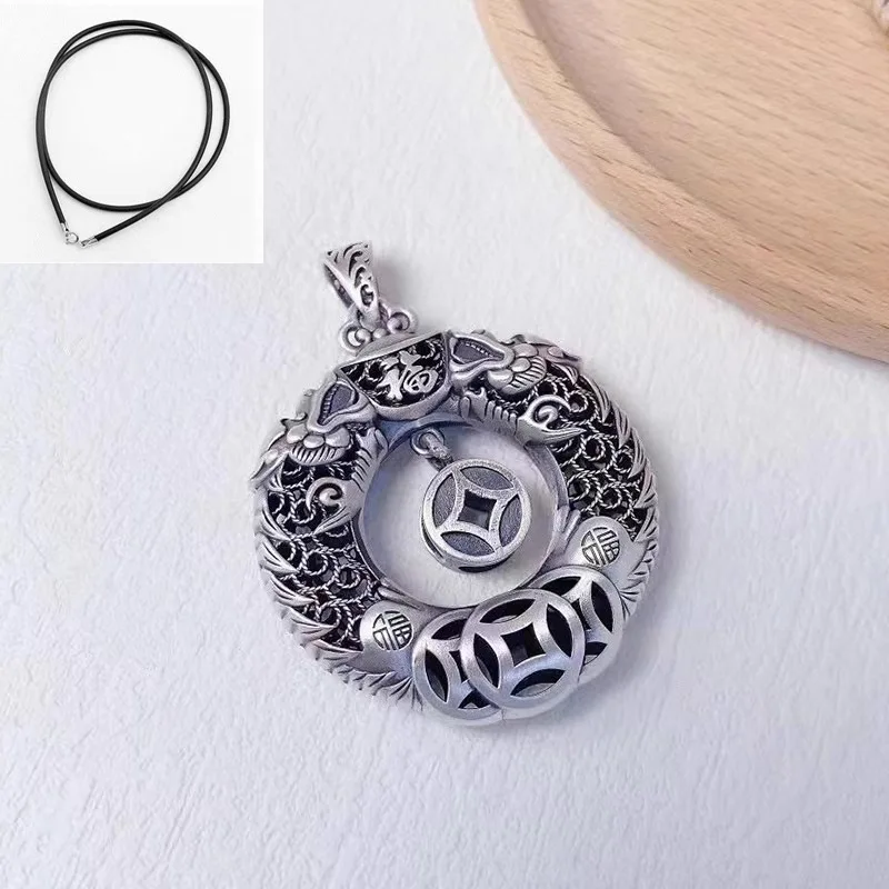 S999 Sterling Silver Double Dragon Peace Buckle Retro Buddhist Pendant Necklace