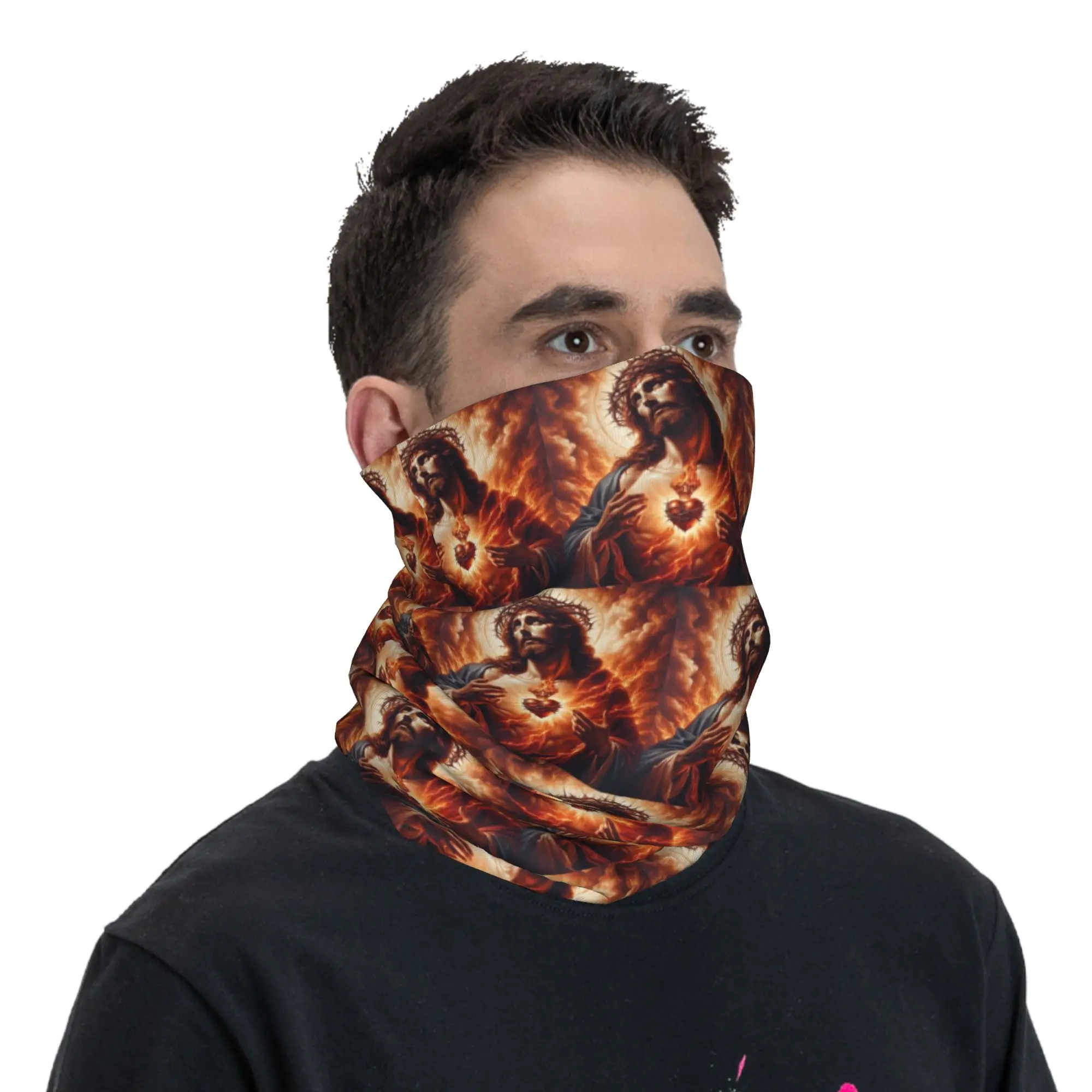 Jesus Christ Angelic Heart Religious Design with Roses and Gold Accents Bandana Neck Cover Printed Mask Scarf Headband Riding