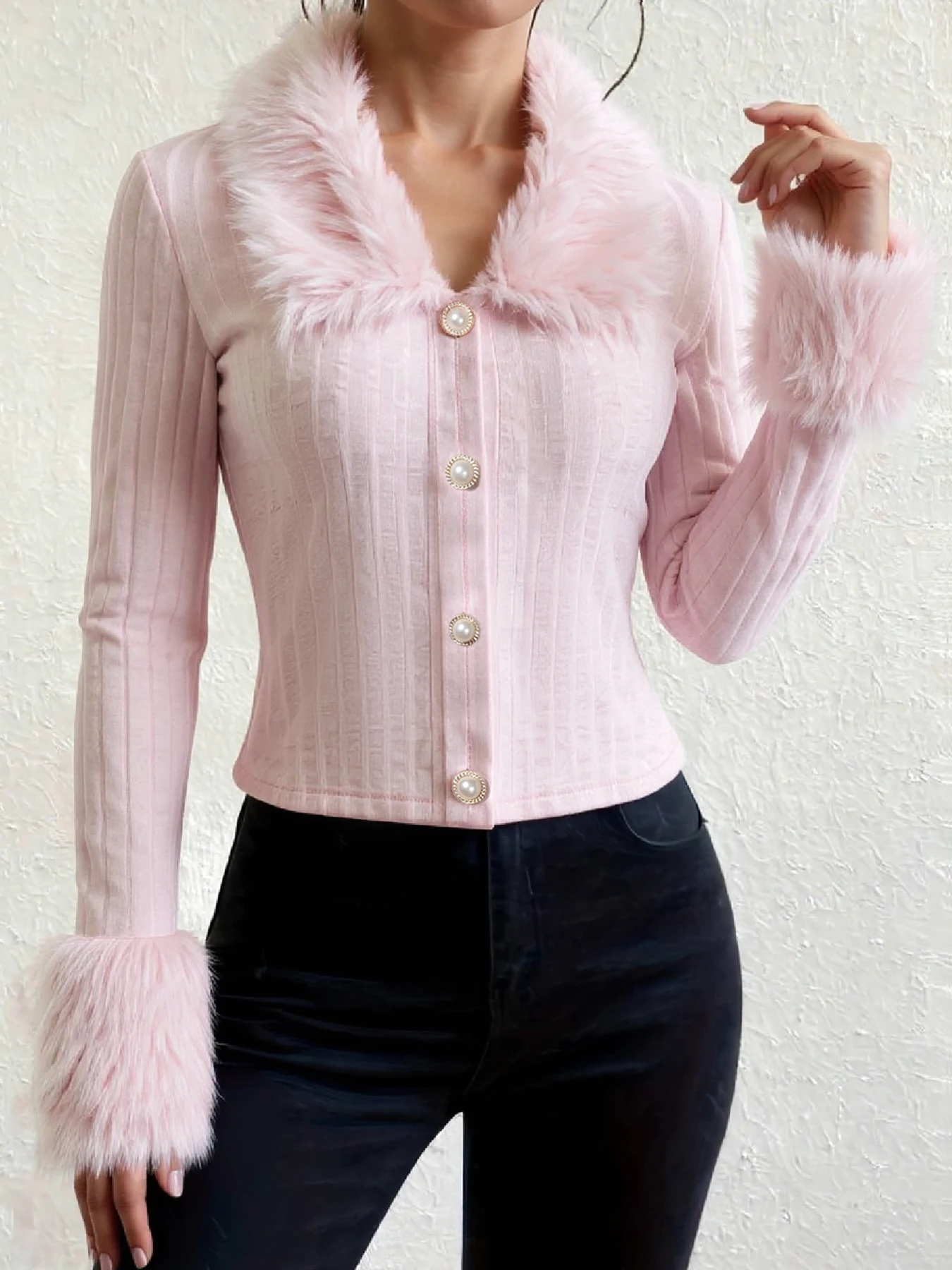 Women`s Furry Collar Knit Cardigan For Party Casual Autumn Long Sleeve Cropped Top Pearl Button Fuzzy Cuff Slim Fit Sweater XXL
