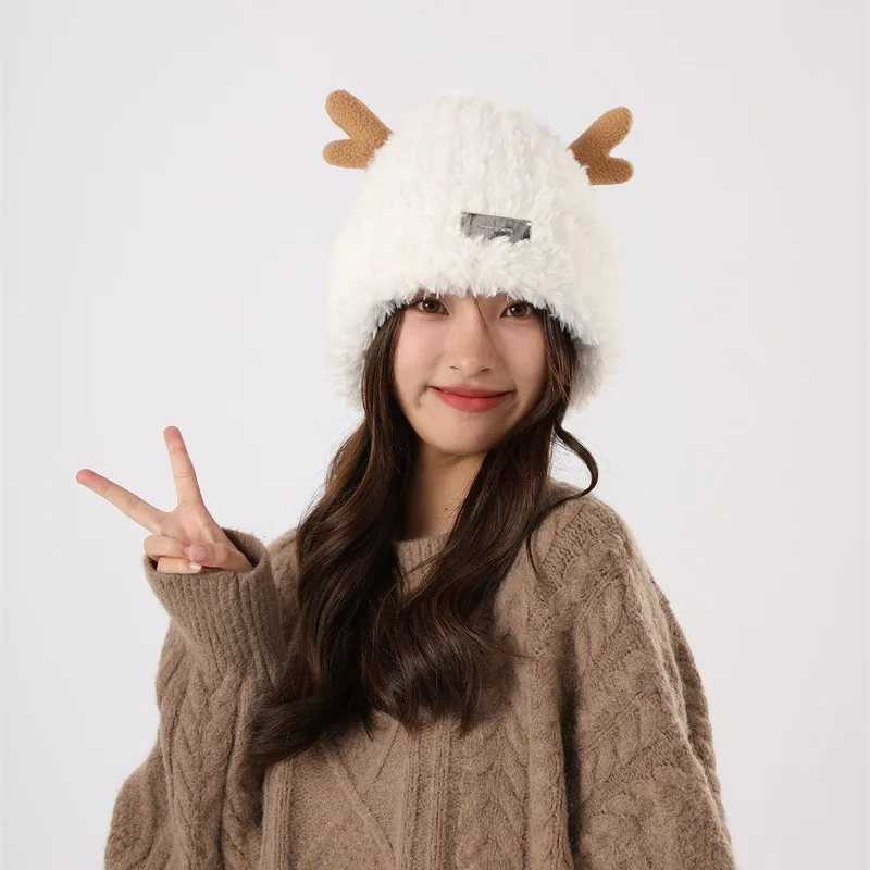 2024 Large Size Cute Faux Fur Earflap Caps Women Christmas Moose Reindeer Warm Ski Hat Men Winter Deer Antler Warm Beanie