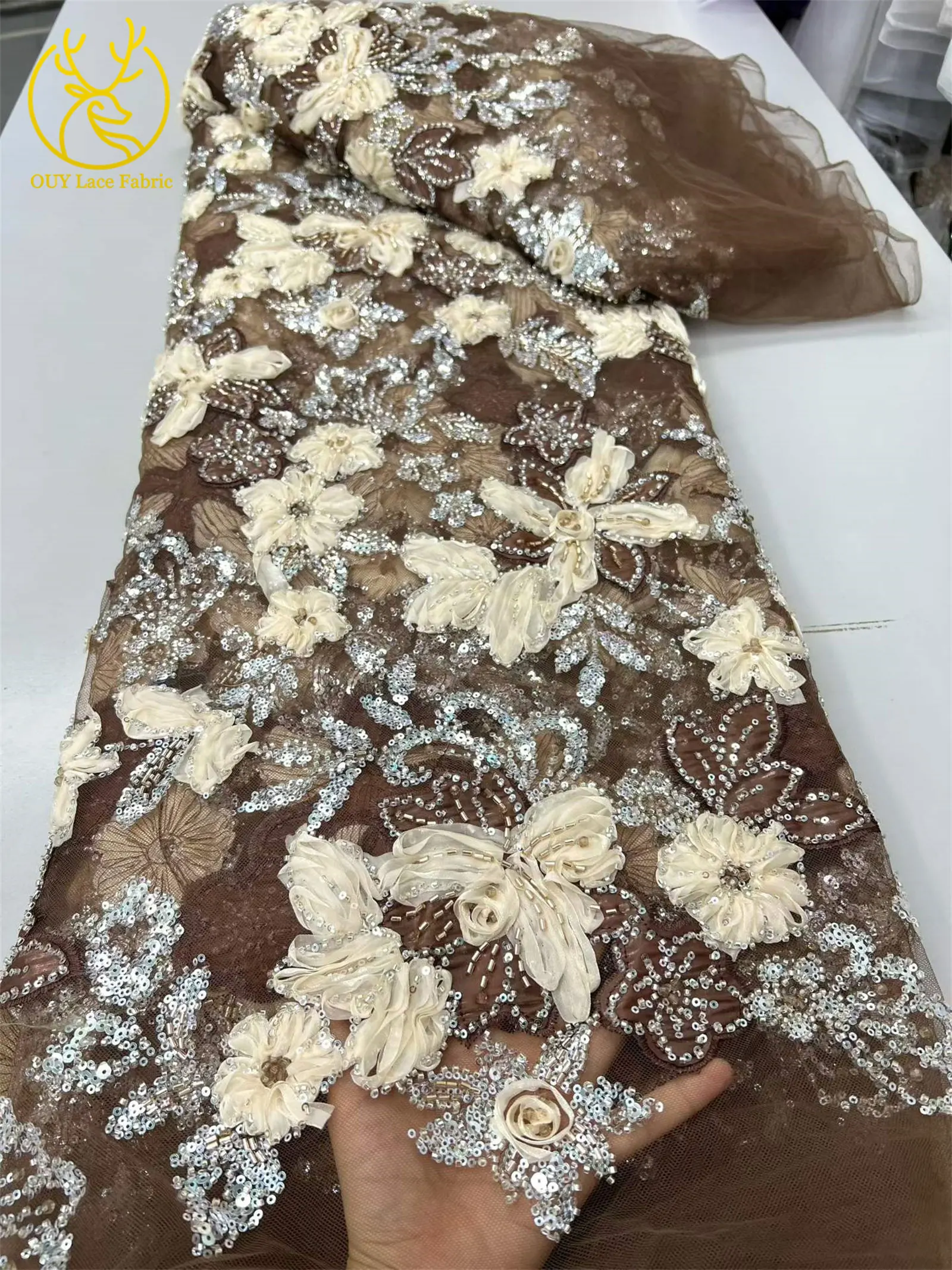 Eleganter 3D-Blumen-Spitzenstoff mit afrikanischen Perlen, französischer nigerianischer Pailletten-Mesh-Tüll-Spitzenstoff für Hochzeits- und Partykleider, Nähen, 5Y – Detail 7