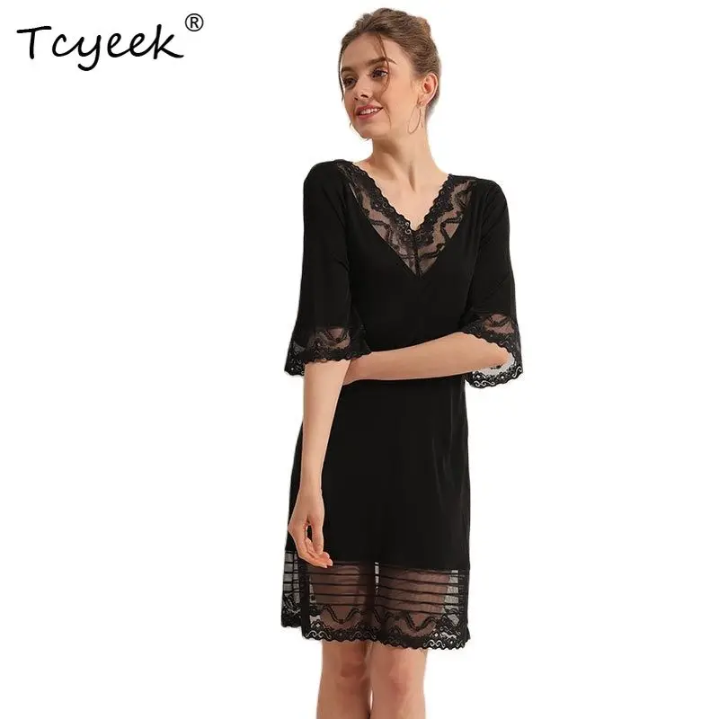 

Tcyeek High End 23% Silk Lace Sleepwear for Women V Neck Sexy Thin Sleep Dress Loose Nightdress Nightgown 2023 New P37974QM