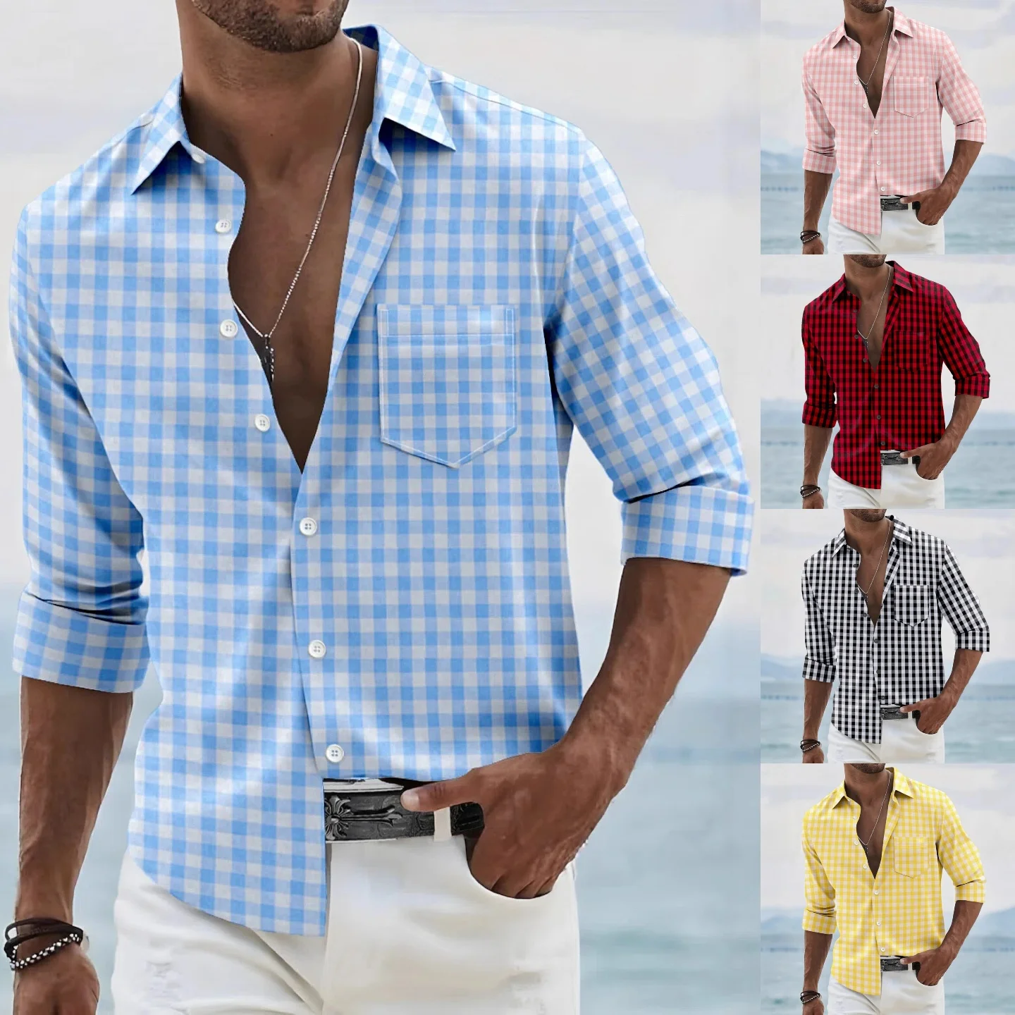 Spring and Autumn Men's New Style Small Checkered, Fashionable, Trendy, Comfortable, Loose-Fitting, Multi-pocket Long-Sleeved Sh