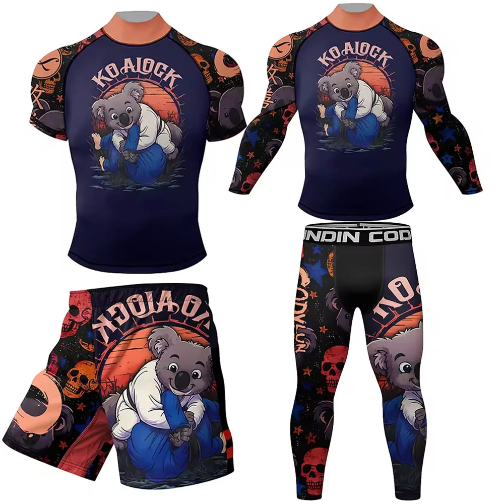 New MMA Bjj Jiu Jitsu Rashguard KickBoxing T-shirts+Pants 4 Pcs/Sets Muay Thai Shorts Men Compression Polyester Boxing Fightwear