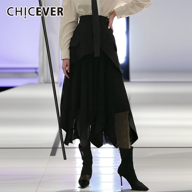 

CHICEVER Irregular Patchwork Pockets Midi Skirts For Women Hign Waist A Line Casual Solid Slim Skirt Female Fashion Summer New