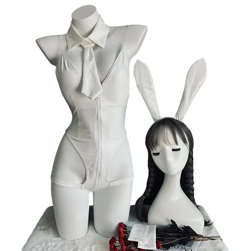 Sexy weiße Hase Mädchen Cosplay Kostüm Frauen sexy Leder Bodysuit niedlichen Mädchen Kaninchen Ohren Uniform Halloween Karneval Kleidung