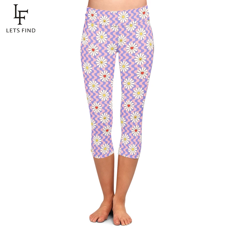 

LETSFIND High Quaility 3D Colorful Geometric Style with Daisy Print Pants Fashion Fitness Stretch Slim Mid-Calf 3/4 Leggings