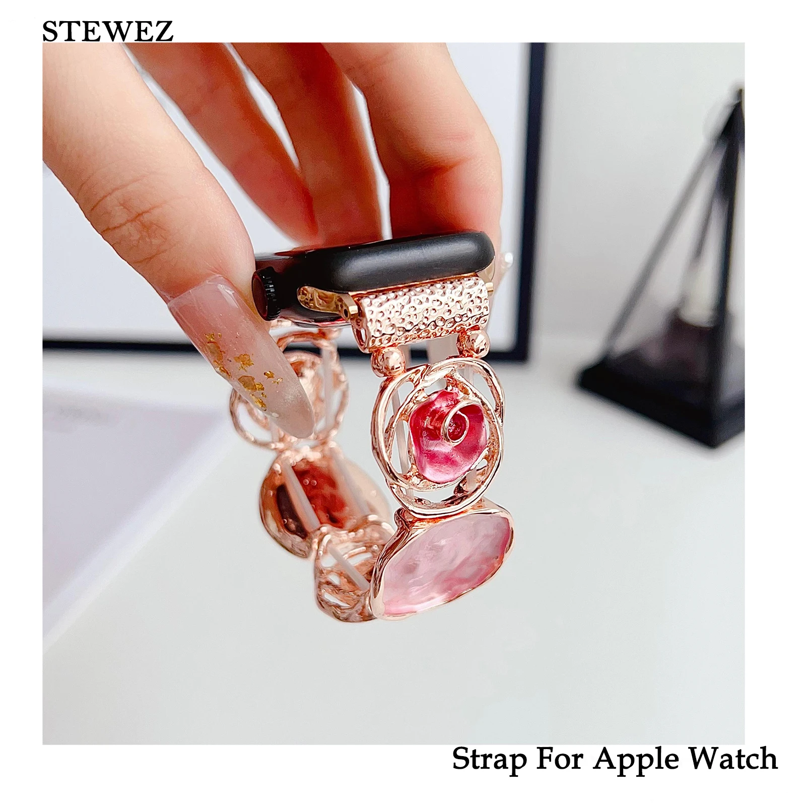 Metal Strap for Apple Watch Band Girls Creative Hollowed Rose Bracelet for Iwatch38 40 41 42 44 45 49mm Personal Stretch Wrist