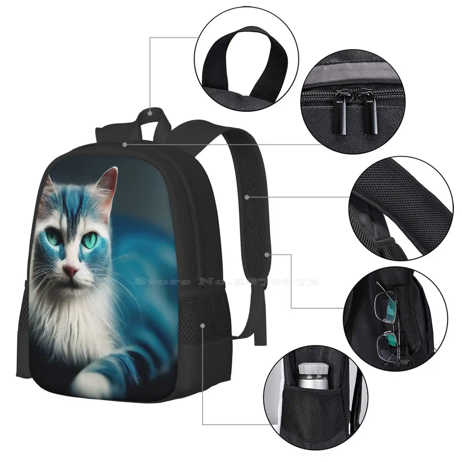 Blue And White Cat New Arrivals Unisex Bags Student Bag Backpack Blue White Cat