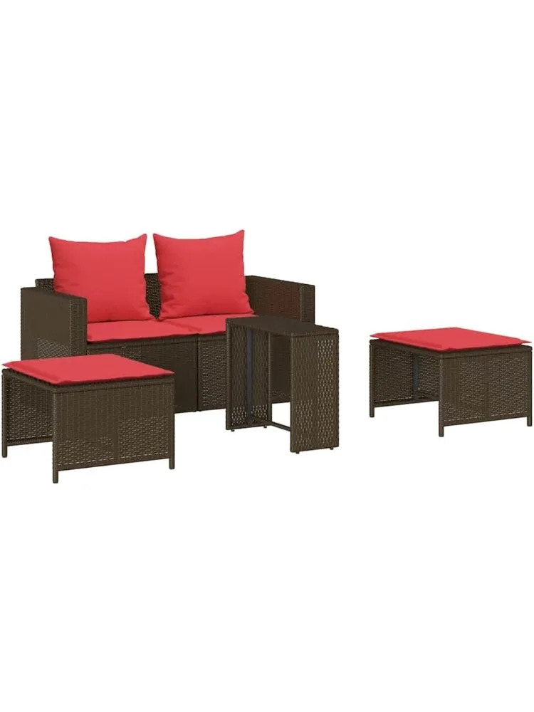 Set di divani da giardino da 5 pezzi con cuscini impilabili in polyrattan marrone, mobili da giardino, posti a terrazzo per giardino