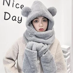 Little Bear Hat Scarf Autumn Winter Scarf Female Hat Scarf Gloves One Cartoon Cute Warm Plush Girl Fashion Gray