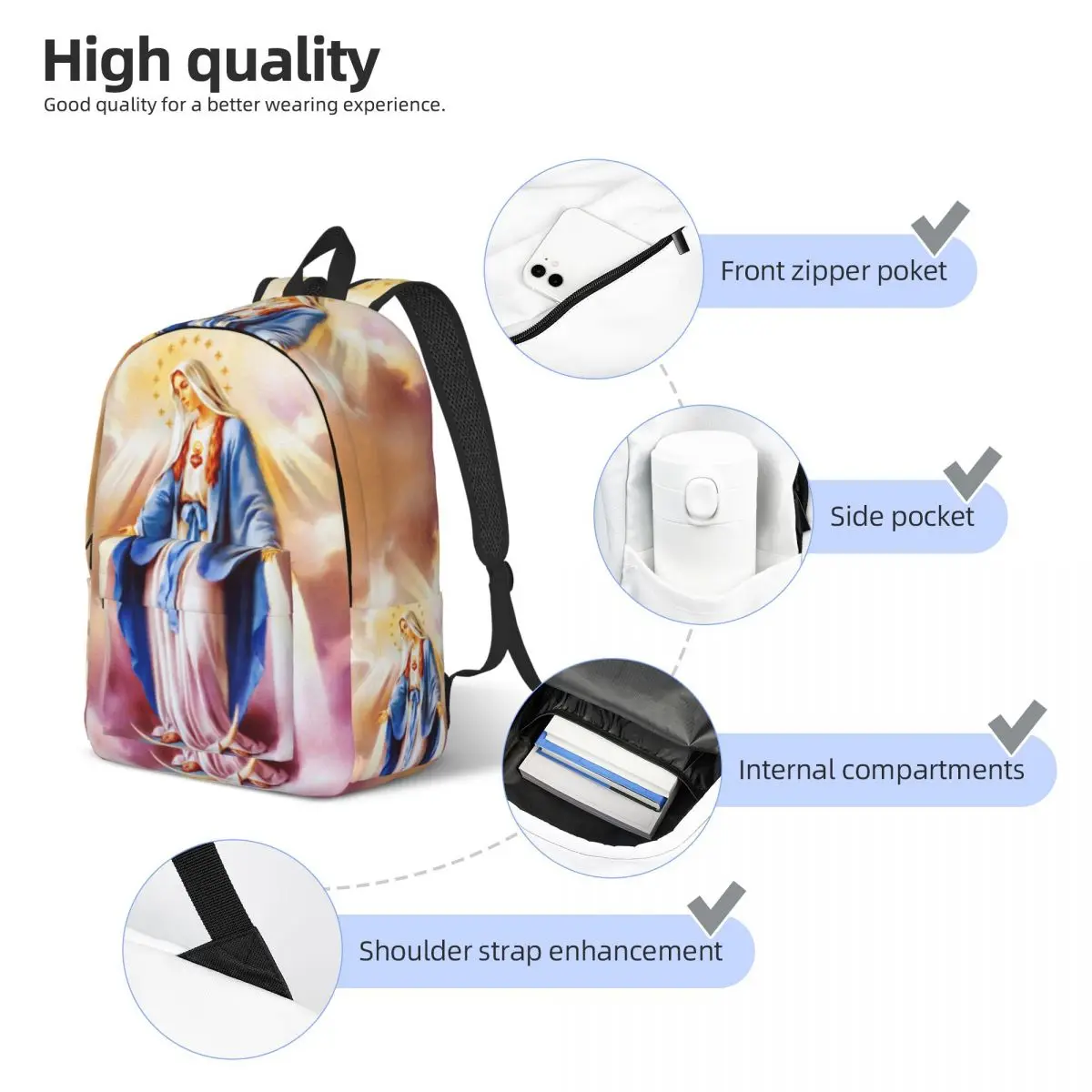 Mochilas de lona personalizadas de la Virgen María católica, mochila escolar para estudiantes universitarios, se adapta a portátiles de 15 pulgadas, bolsas de Nuestra Señora de Guadalupe