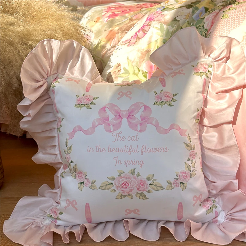 Square Pillow with Core Pink Rose Bowknot Sofa Cushion Girl\'s Lace Cushion Cotton Decorative Pillow for Bedroom and Living Room