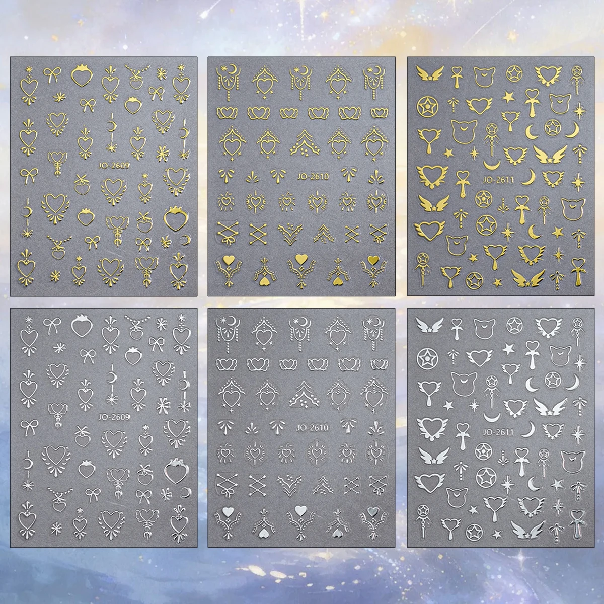2 to 12 Sheets 3D Gold Silver Heart Bow Angel Wings Moon Star Celestial Coquette Self-Adhesive Nail Art Stickers