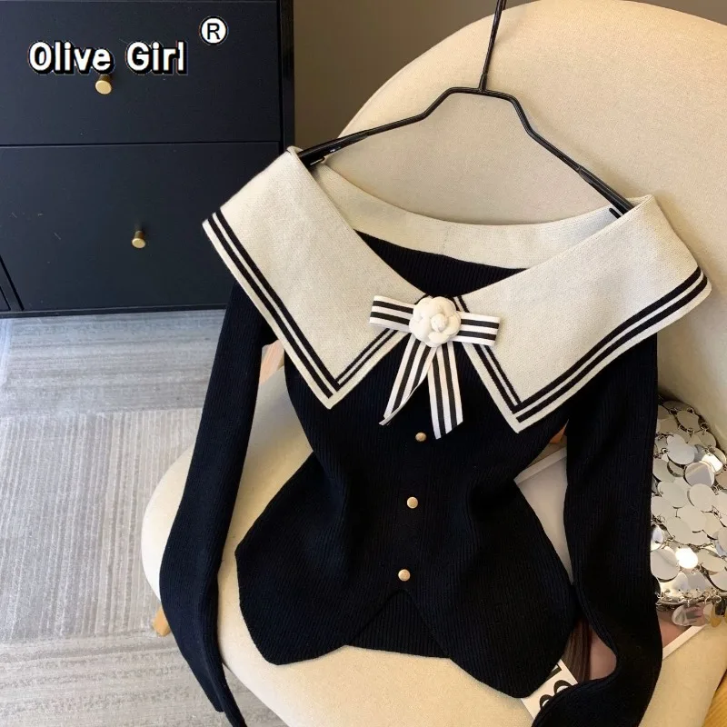 

Olivegirl женская рубашка-пуловер на одно плечо с 3D цветком и длинными рукавами, вязаная весенняя милая футболка с рюшами по краям, французский шикарный топ