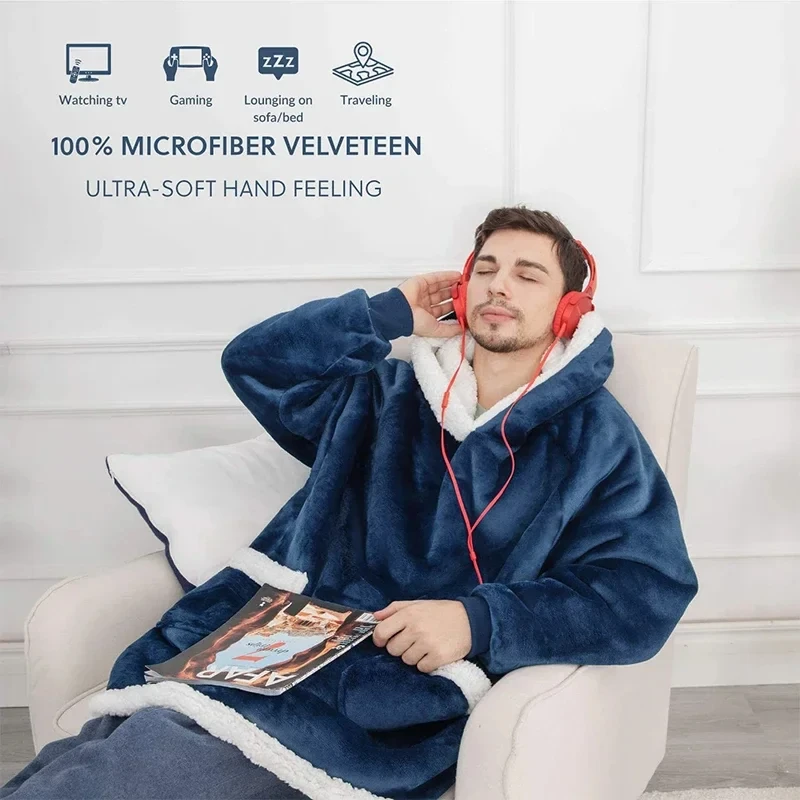 Oversized Hoodie Blanket with Sleeves Winter Warm Fleece Sweatshirt Blanket Women Men Pullover Giant Tv Blanket Camping Blankets