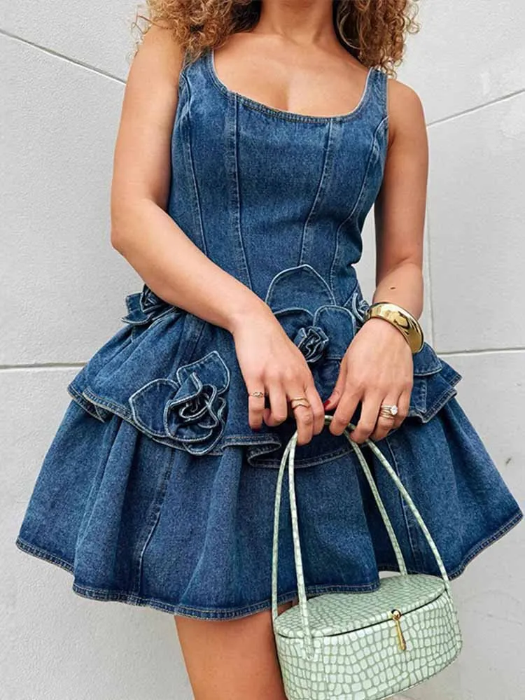 Bkqu chique 3d floral denim mini vestido feminino dupla camada babados elegante gola quadrada sem costas zíper a linha vestidos de estilingue y2k