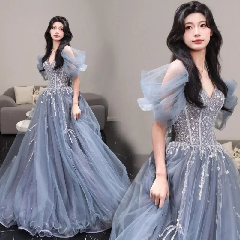 

New Blue V-Neck Trendy Choir Performance Dress Graduation Ceremony Wedding Birthday Prom Banquet Evening Dress