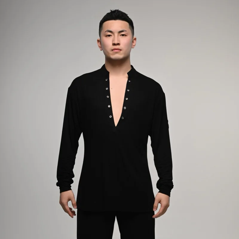 

Men Latin Dance Costumes Black Deep V-Neck Top Long Sleeve Dancing Tops Cha Cha Rumba Training Wear Male Line Dance Csotume 3570