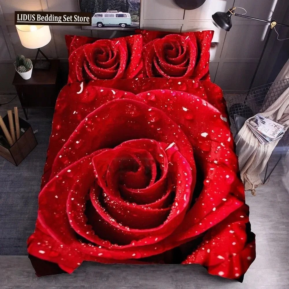 

Rose Polyester Duvet Cover Set King Queen Full Size Big Rose Red Blue Pink Purple Flower Dew Pattern Chic For Kids Girl Couple