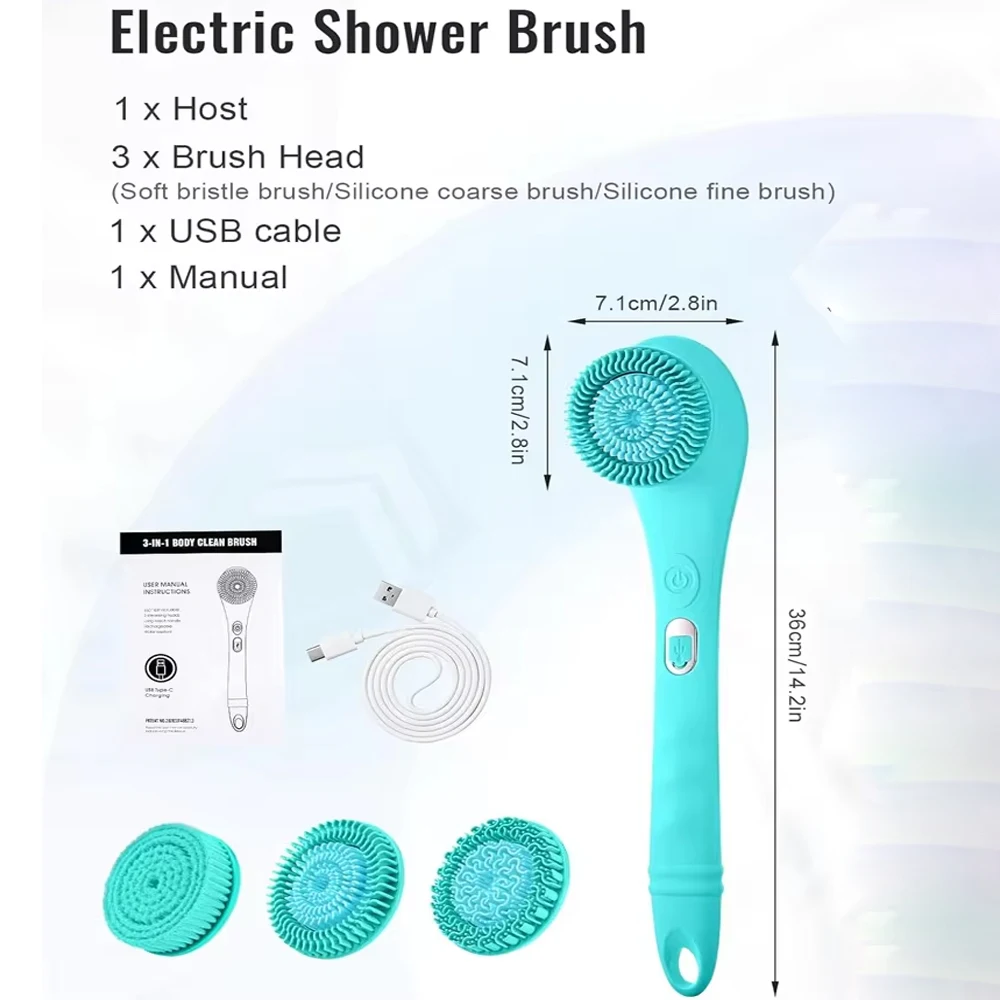 Electric Body Brush Rechargeable Scrubber Shower Brush with Handle Spin Skin Cleaning Brush for Men Women Massage Exfoliating