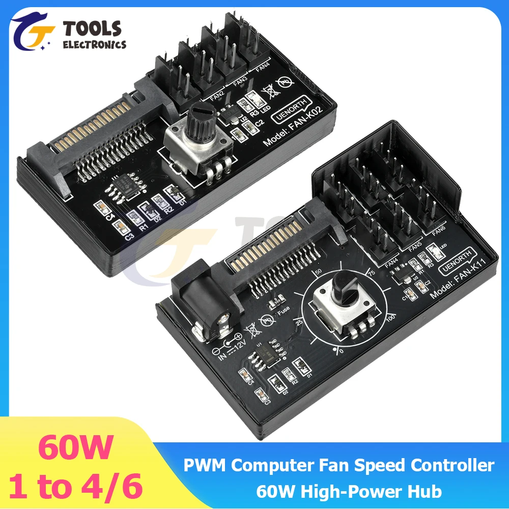 

PWM Computer Fan Speed Controller 60W High-Power Hub Sata DC Power Controller for PC Four-Wire Fan Speed Control
