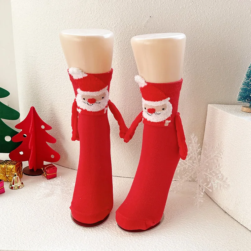 かわいいクリスマス磁気ソックス、女性男性カップル向け、面白いクリエイティブな漫画の目、手をつないで、ミッドチューブ、純綿ソックス