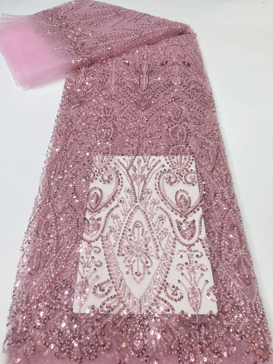 

Latest Pink Handmade Beads French Lace Fabric 2025 High Quality Beaded Sequins African Lace Fabric For Women Party Dress LYX2514