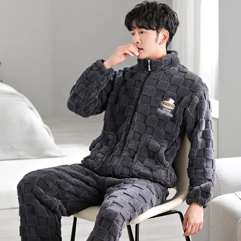 

Autumn Winter Men's Coral Velvet Pajamas Set Fashion Thickened Flannel Zipper Home Suit Large Size Casual Warm Loungewear