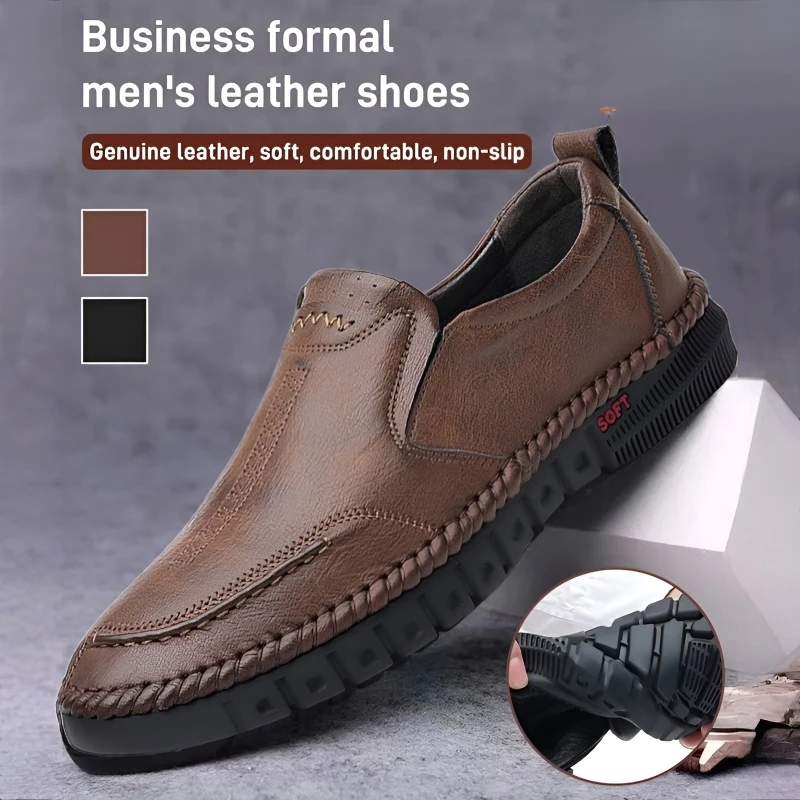 

Мужская дышащая повседневная обувь для средних лет, кожаная деловая повседневная обувь для повседневного использования, повседневные мужские слипоны из натуральной кожи