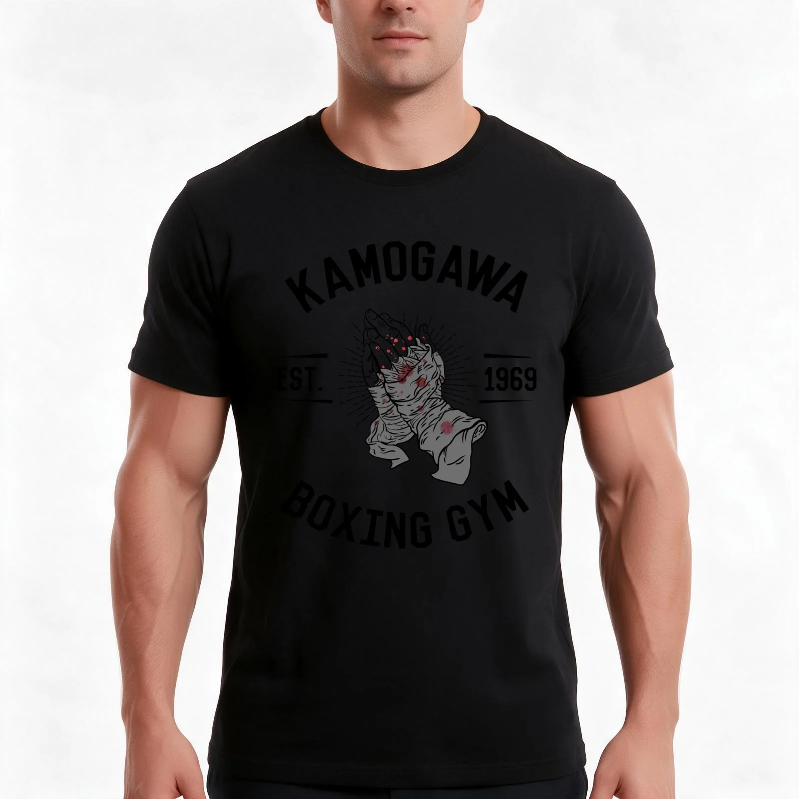 Kamogawa Boxing Gym Praying Hands T-Shirt, Summer Casual Cotton Tee, Oversized Streetwear Tops, Vintage Graphic Print