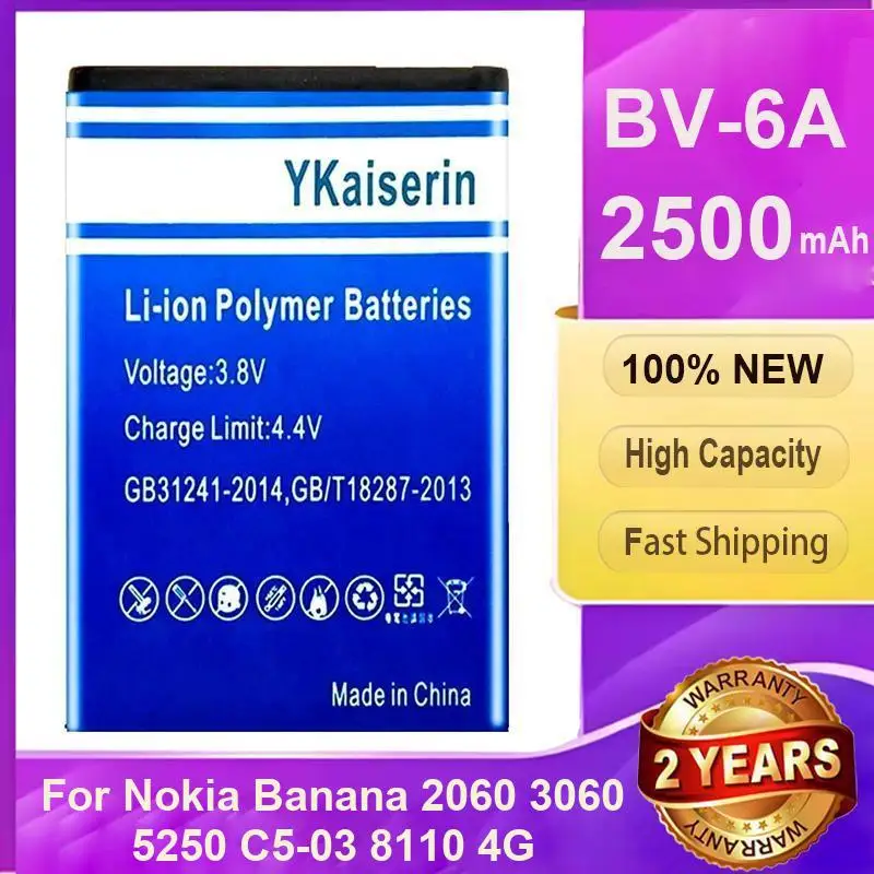 

Replaceable BV-6A High Performance For Nokia Banana 2060 3060 5250 C5-03 8110 4G Mobile Phone Battery 2500mAh