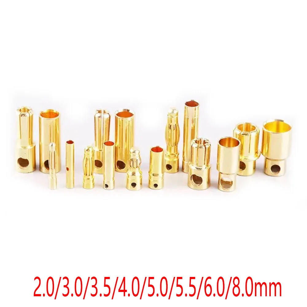 10pcs 2.0/3.0/3.5/4.0/5.0/5.5 6.0/8.0mm Banana Plug Gold Plated Copper Brushless Motor Bullet Connector For ESC Battery Wholeale