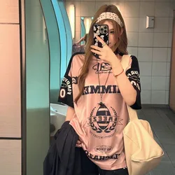 American Oversized Jersey T Shirts for Women Vintage Black Pink Letter Printed T-shirt Y2k Hip Hop Streetwear Tee Breathable Top