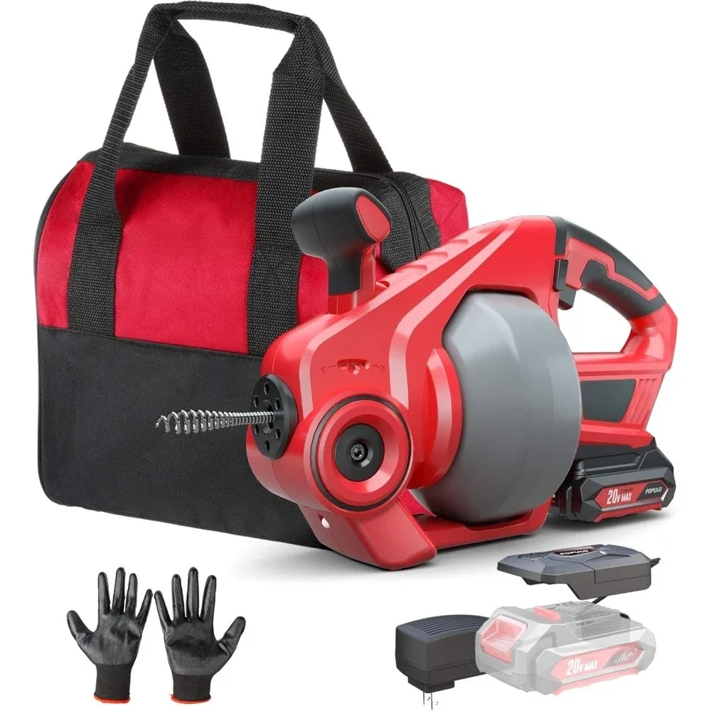 Multi-Function 20V Cordless Drain Snake 25ft Auto Feed Electric Drain Auger with 2.0Ah Battery Charger Storage Bag Gloves for Ki