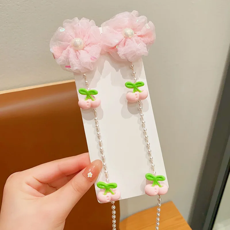 Colorful flowers children braided hair chain pearl tassel hairpin cute baby girl princess fruit braided hair accessories gift