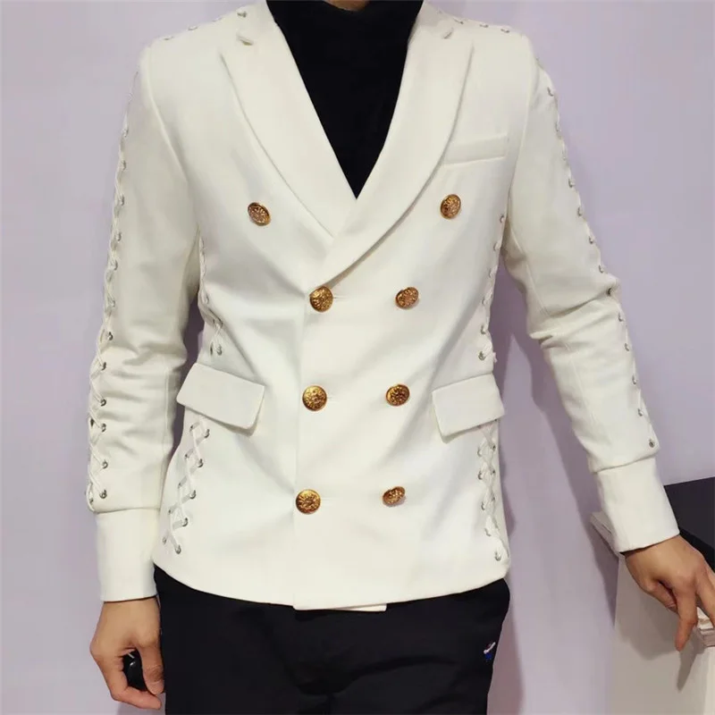 White Night Show Men Korean FAShion Stylist Blazer Slim Fit Thin Belt Trendy Jacket Lapel High Quality Lace Blazer Male