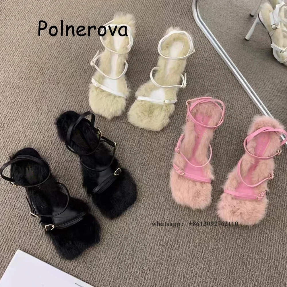 Fur Square Toe Sandals One Word Belt Thin Heels Women\'s Shoes Global Buckle Front Rear Strap Summer Casual Elegant Sweet Shoes
