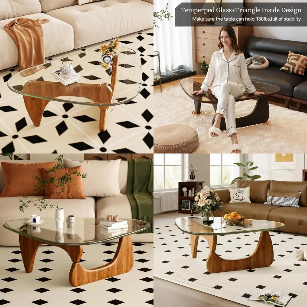 

Modern Living Room Glass Top Coffee Table with Walnut Wood Base