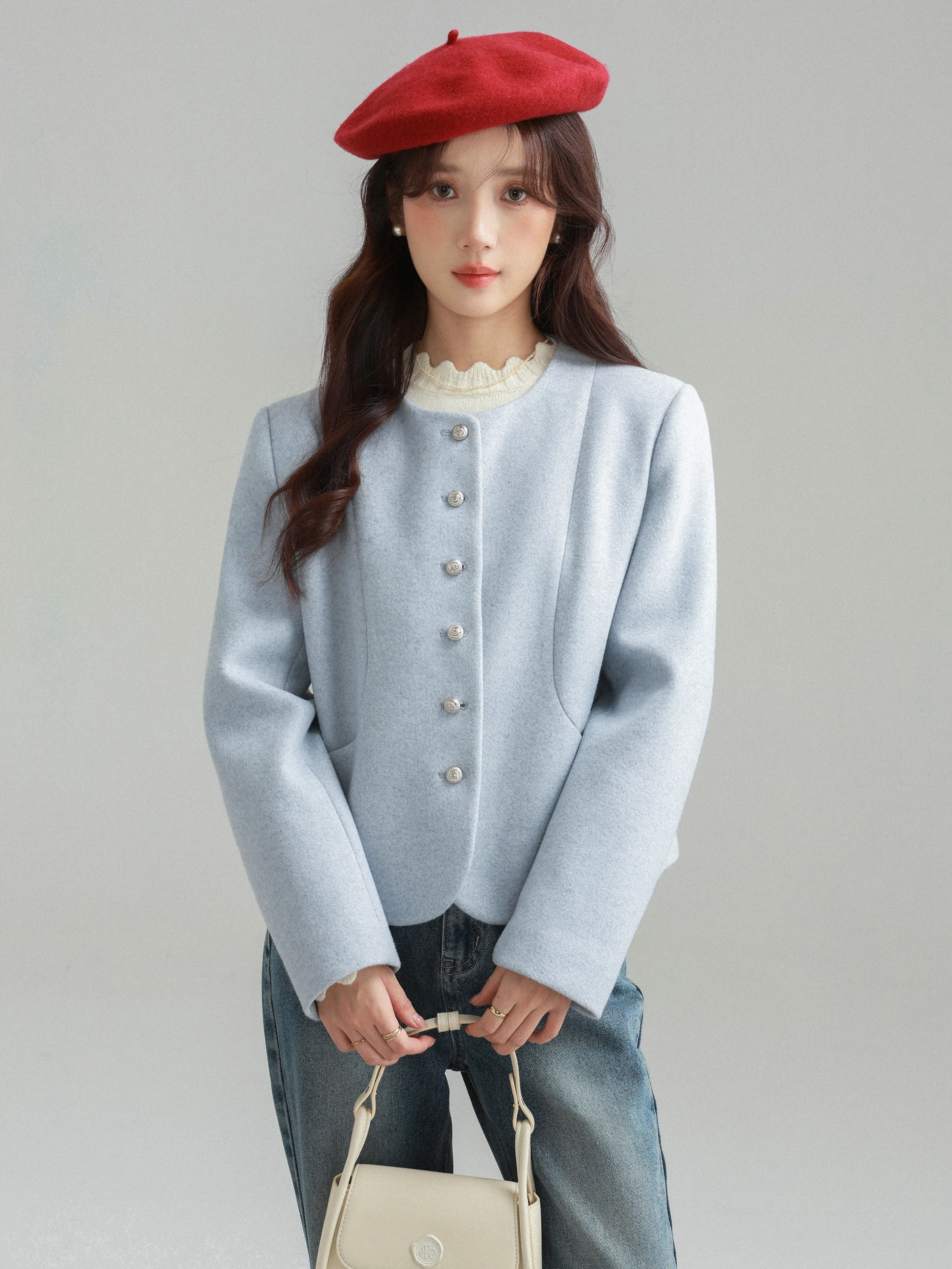 Chic Short Wool-like Coat Blue Jacket Casual Round Neck Outerwear Winter Retro Loose Handmade Tailored Sweet Warm Top for Women