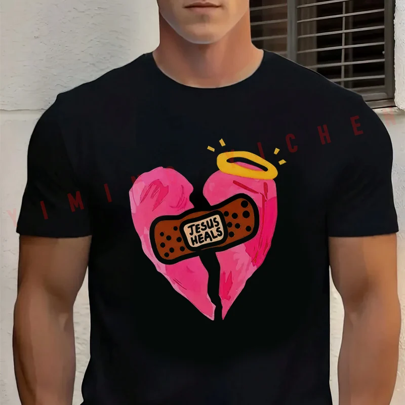 

Men's Black Jesus Heals Christian Graphic Motorcycle Cotton T-Shirt New Men's Casual O-neck Short Sleeve Tees
