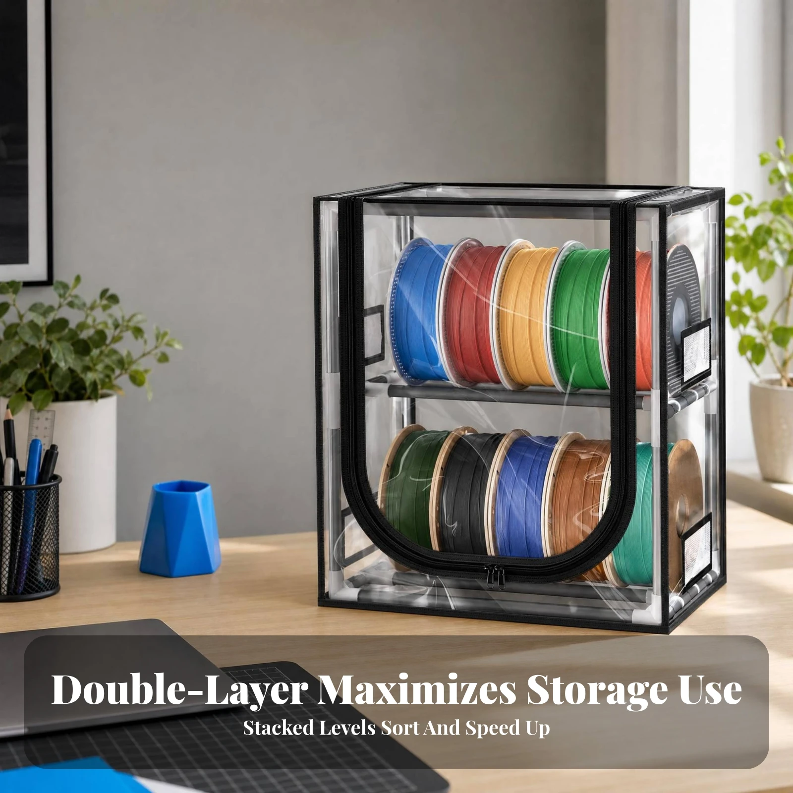 Double-Layer Filament Cabinet Two-Level Zipper Filament Storage Box 3D Printing Storage Container Metal Frame Clear Cover