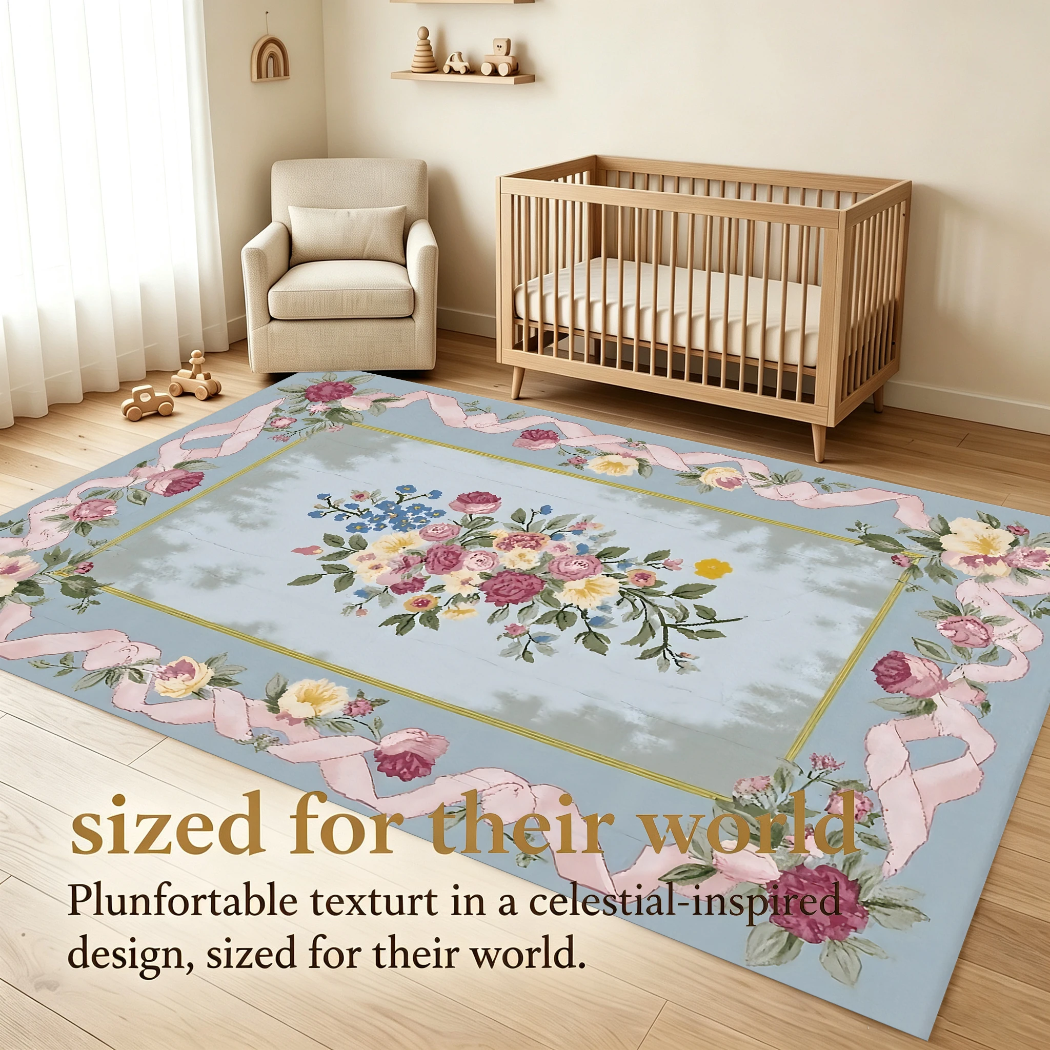 2D Large Rug with Ribbon Border and Bouquet Pattern, French Country Style, Suitable for Living Room and Bedroom, One-Click Autumn and Winter Decoration Refresh