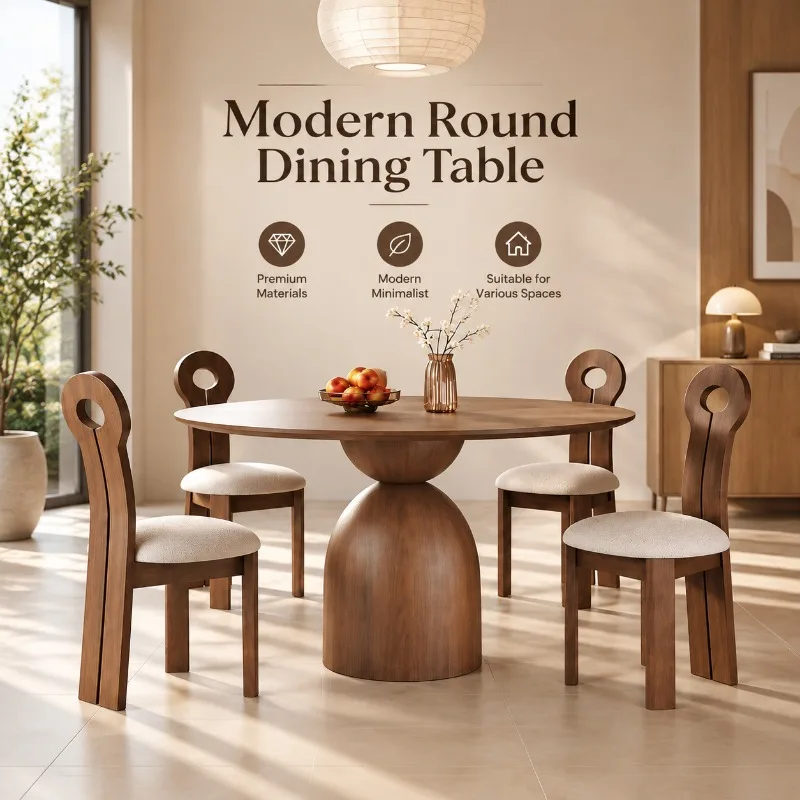 Solid Ash Wood Round Dining Table Modern Pedestal Base Wooden Kitchen Table Japandi Style Furniture 6 Seater Lazy Susan Table
