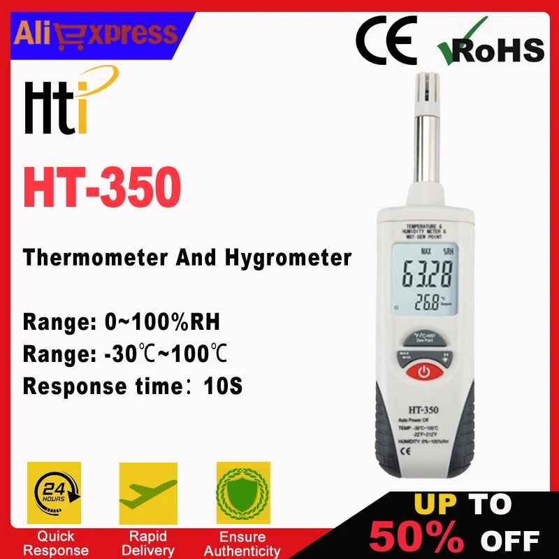 

HTI HT-350 Portable Size High Accuracy Thermometer Hygrometer Digital LCD Display Indoor Outdoor Temperature Humidity Meter