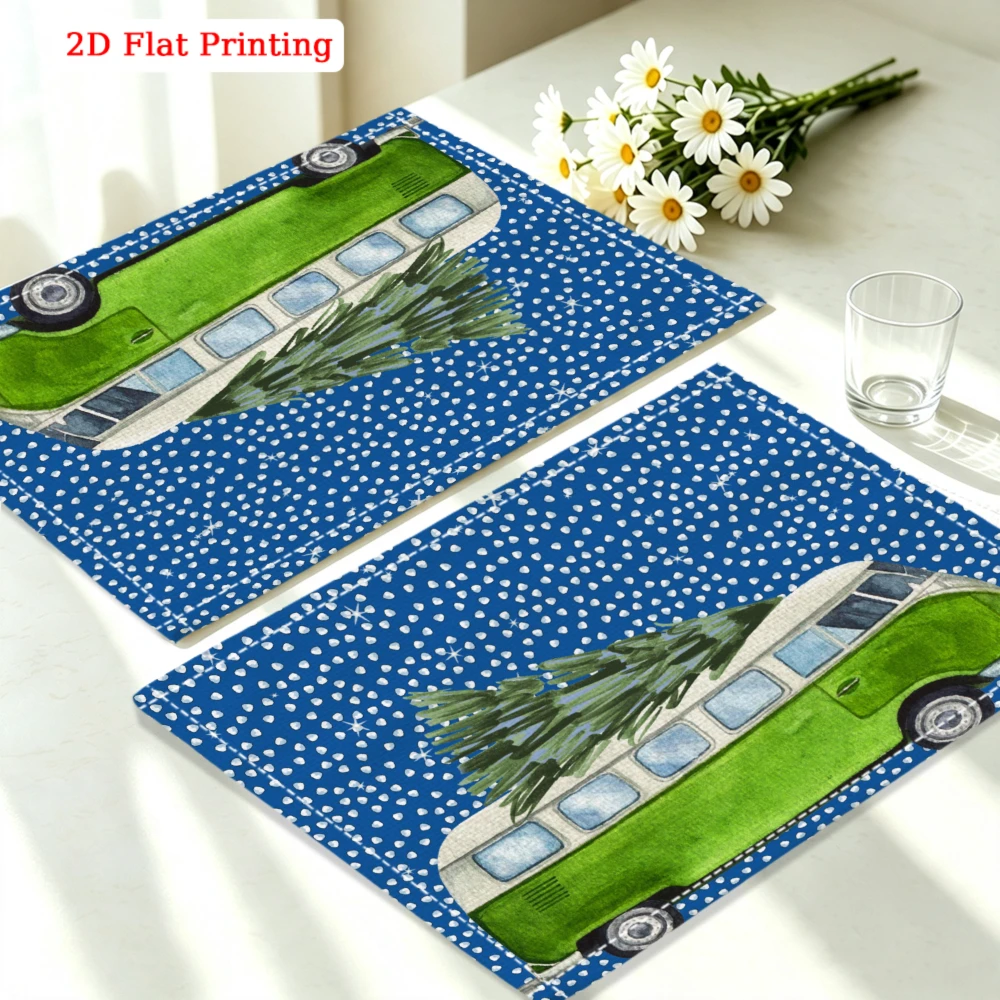 1Pc Retro Blue Placemat with Green Van and Christmas Tree Print for Kitchen Dining Party 30x40cm