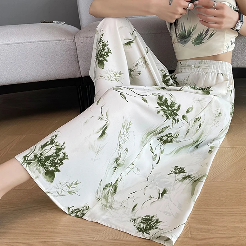2025 Summer Ice Silk Beach Wide Leg Pants Women Bottoms Boho Printed Loose Calf-Length Pants